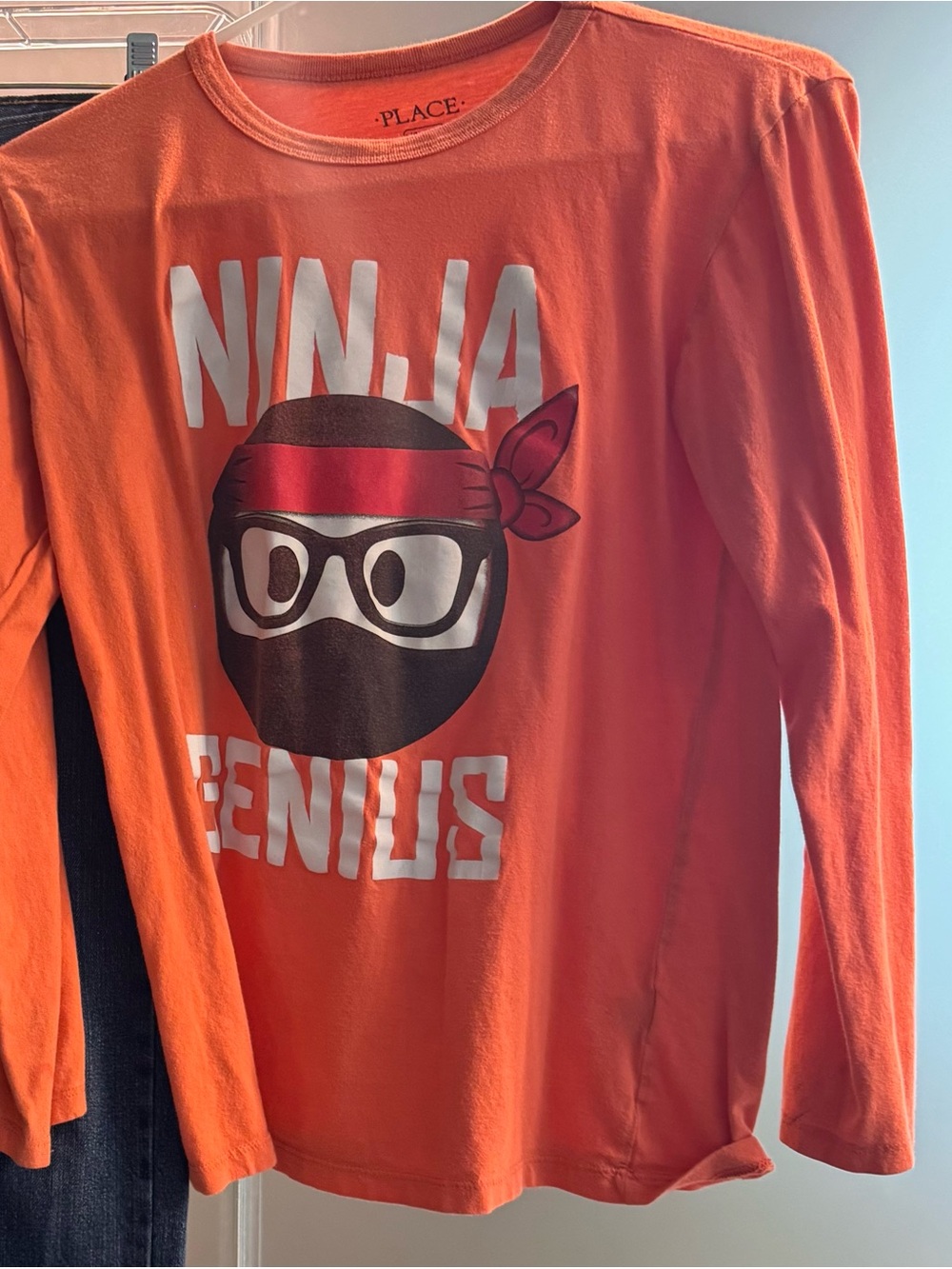 Children’s Place size 10/12 Orange Long-Sleeve "Ninja Genius" Tee